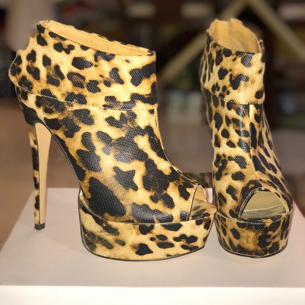 Leopard print platform peep toe booties